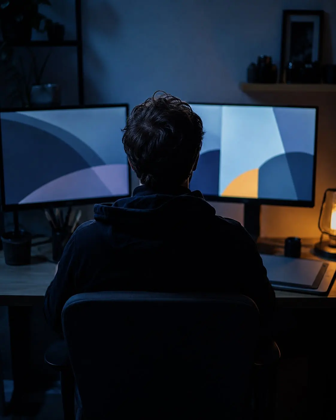 Arbeitsplatz von hinten, zwei matte Monitore mit abstrakten farbigen Flächen, kühles Bildschirmlicht.
