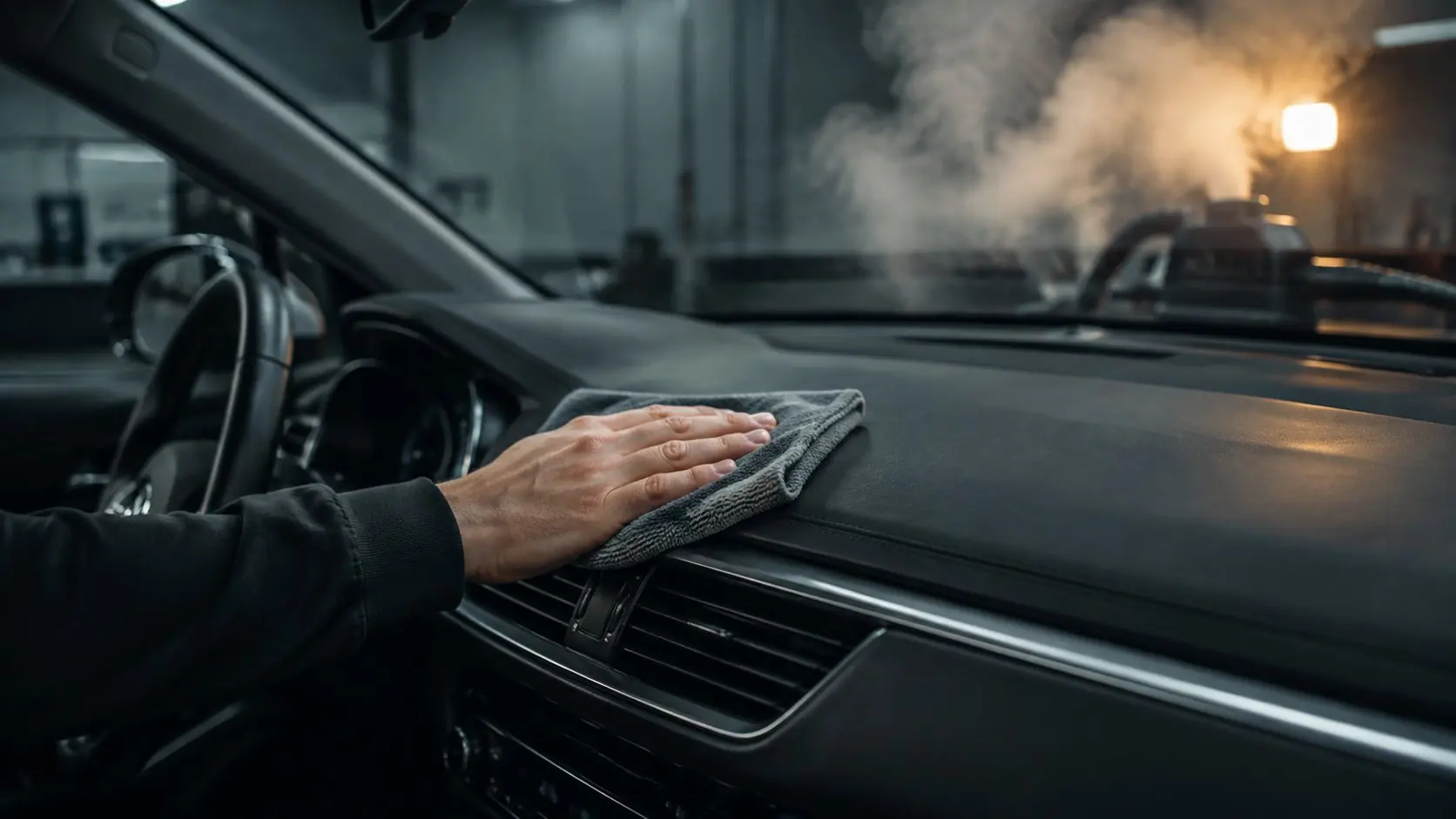 Innenraumreinigung eines Fahrzeugs, Hand mit Mikrofasertuch auf dem Armaturenbrett.