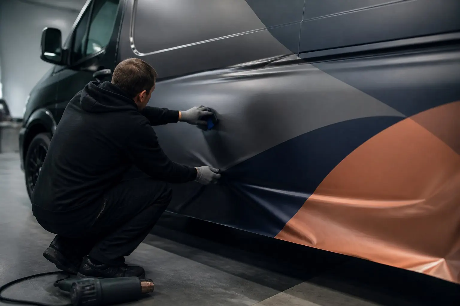 Behandschuhte Hände streichen mit einem Rakel eine bedruckte Folie auf die Seitenwand eines Transporters, Heißluftgerät auf dem Boden.
