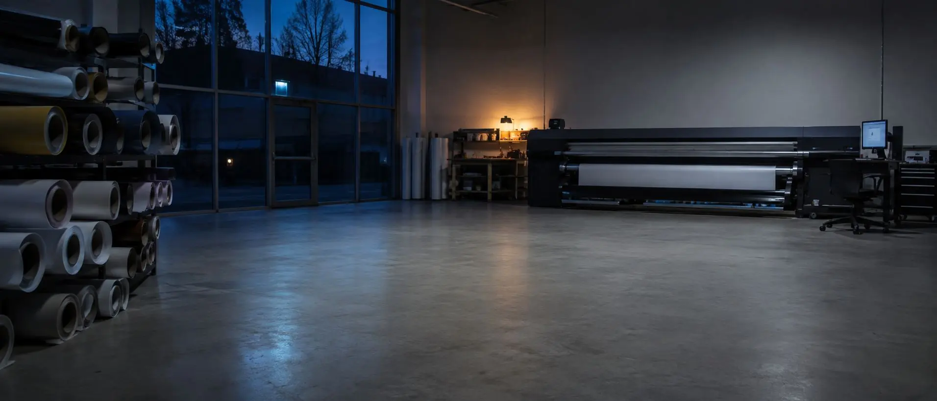Werkstatt für Werbetechnik in der Dämmerung, Großformatdrucker im Hintergrund, gestapelte Folienrollen an der linken Wand.