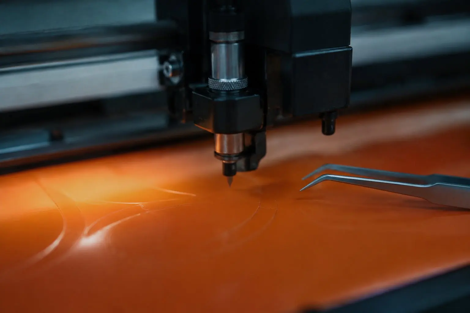 Schneidplotter zieht eine Kontur in orange Folie, daneben liegt eine Entgitterpinzette.