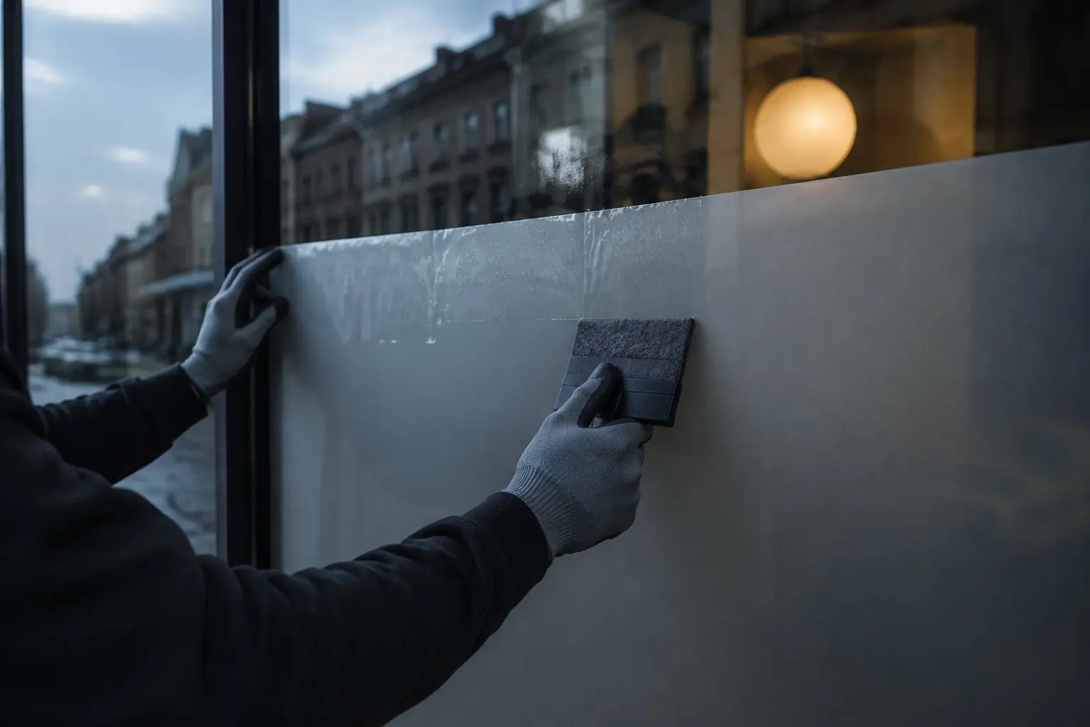 Behandschuhte Hände ziehen mit einem Filzrakel eine matte Folie auf eine Schaufensterscheibe, Straßenspiegelung im Glas.